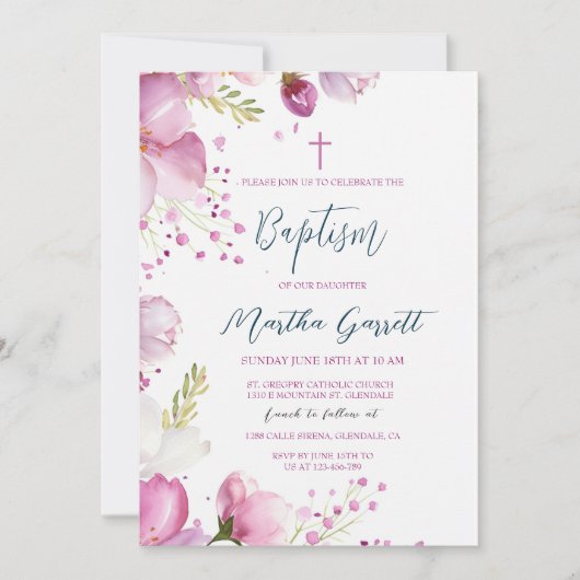 ピンクフラワーズガールバプテスマ《キリスト教》洗礼式や命名式 招待状 (正面)