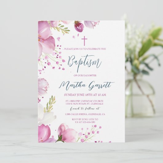 ピンクフラワーズガールバプテスマ《キリスト教》洗礼式や命名式 招待状 (スタンド正面)