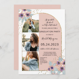ピンクフラワーズグリッター紙吹雪フォト卒業 招待状