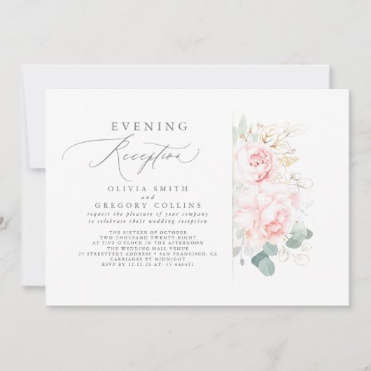ピンクフラワーズグリーンエレガント夕べ披露宴 招待状 (正面)