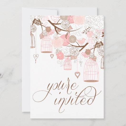 ピンクフラワーズハート&バードケージ結婚式招待状 招待状 (正面)
