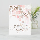 ピンクフラワーズハート&バードケージ結婚式招待状 招待状 (スタンド正面)