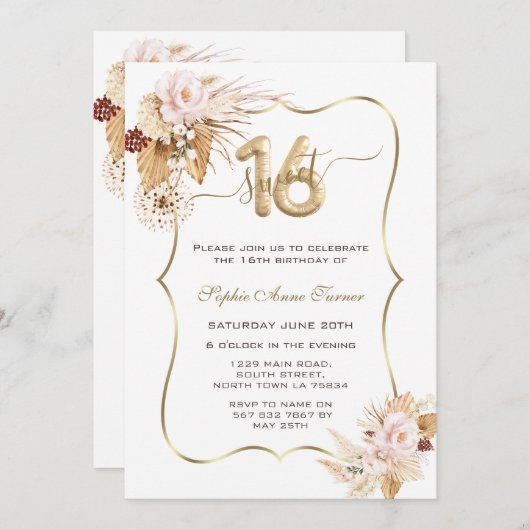 ピンクフラワーズパンパスグラススウィート16お祝い 招待状 (正面/裏面)