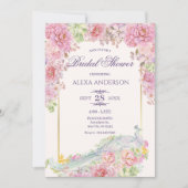 ピンクフラワーズピーコックブライダルシャワー 招待状 (正面)