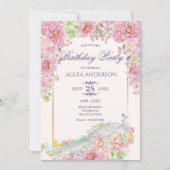 ピンクフラワーズピーコック誕生日 招待状 (正面)