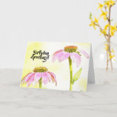 ピンクフラワーズフローラアート誕生日カード カード (黄色い花)