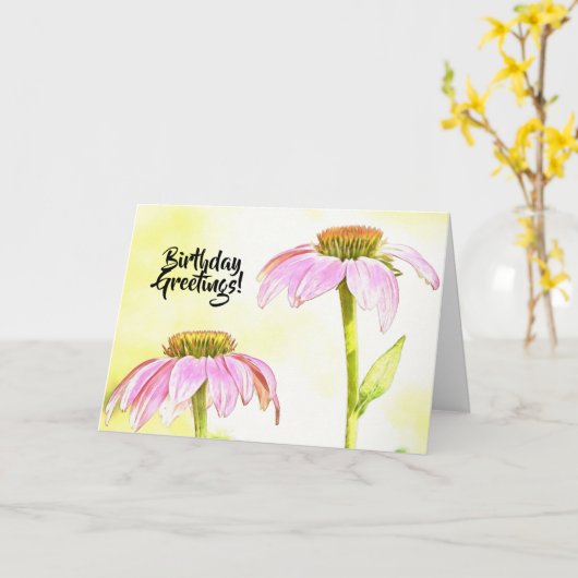 ピンクフラワーズフローラアート誕生日カード カード (黄色い花)
