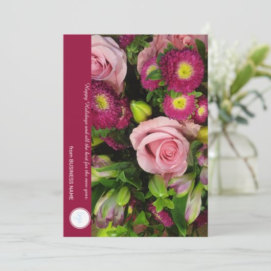 ピンクフラワーズフローラブーケホリディビジネスクリスマス シーズンカード (スタンド正面)