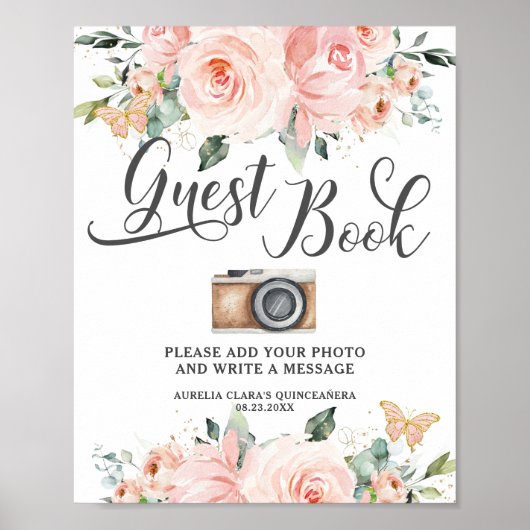 ピンクフラワーズフローラ誕生日ゲストブックフォトサイン ポスター (正面)