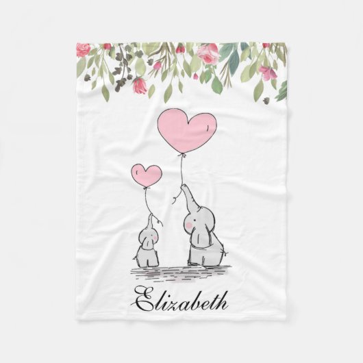 ピンクフラワーズフローラ象マザーベビー フリースブランケット (正面)