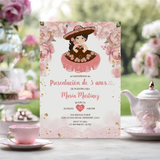 ピンクフラワーズブラウンガールプレセンタシオンデトレアノス 招待状