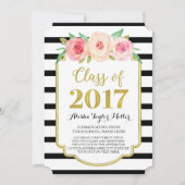 ピンクフラワーズブラックストライプ金ゴールドフォト卒業 招待状 (正面)