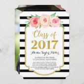 ピンクフラワーズブラックストライプ金ゴールドフォト卒業 招待状 (正面/裏面)