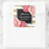 ピンクフラワーズブラック金ゴールドベビーシャワーメッセージカード スクエアシール (バッグ)