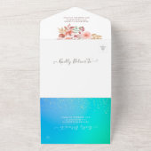 ピンクフラワーズブルーグリーン金ゴールド紙吹雪結婚式RSVP オールインワン招待状 (外側)