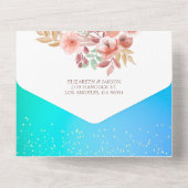 ピンクフラワーズブルーグリーン金ゴールド紙吹雪結婚式RSVP オールインワン招待状 (裏面)