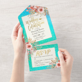 ピンクフラワーズブルーグリーン金ゴールド紙吹雪結婚式RSVP オールインワン招待状