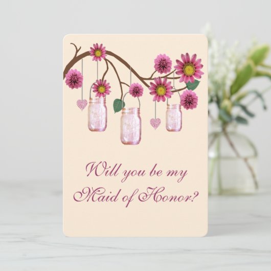 ピンクフラワーズメイソンジャースメイド・オブ・オーナー(花嫁付き添い人)カード 招待状 (スタンド正面)