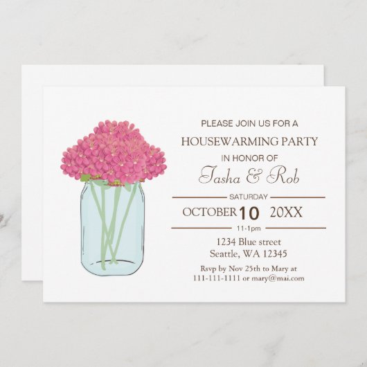 ピンクフラワーズメイソンジャー引っ越し祝いパーティー招待状 招待状 (正面/裏面)