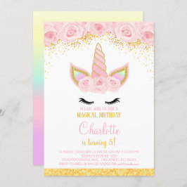 ピンクフラワーズユニコーン誕生日招待状 招待状