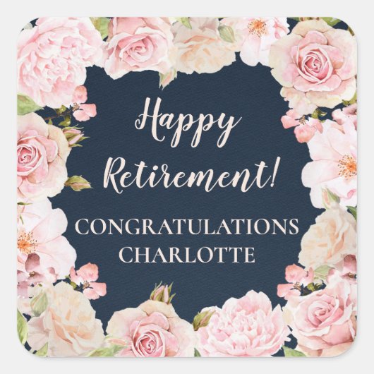ピンクフラワーズリタイアメントパーティー好意ラベル スクエアシール (正面)