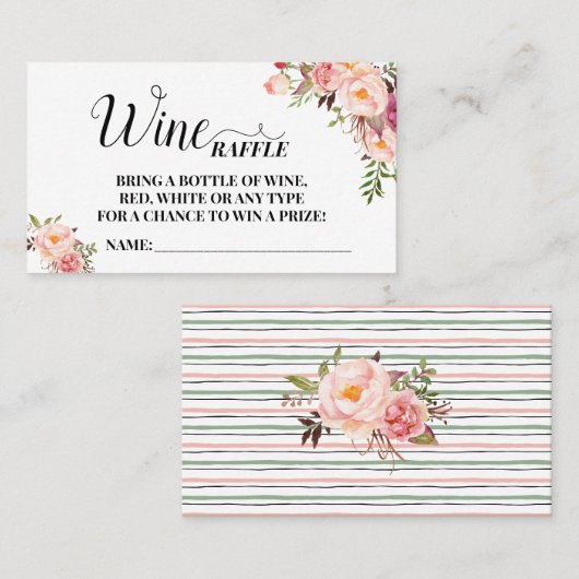 ピンクフラワーズワインラッフルチケットブライダルシャワーカード プレイスカード (正面/裏面)