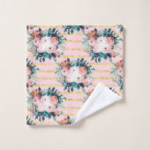 ピンクフラワーズ絵を描ストライプ金ゴールドガーリーデザイン バスタオルセット (ウォッシュタオル)