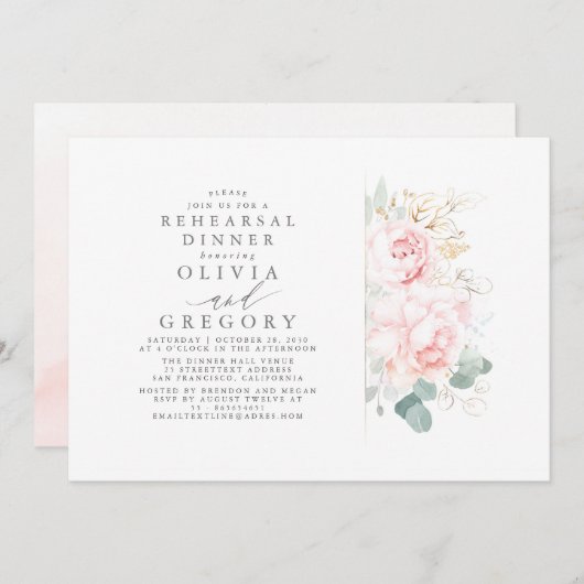 ピンクフラワーズ葉金ゴールドリハエレガントーサルディナー 招待状 (正面/裏面)