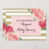 ピンクフラワーズ赤面金ゴールドベビーストライプシャワー 招待状 (正面/裏面)