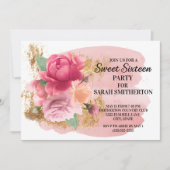 ピンクフラワーズ金ゴールドグリッタースウィート16誕生日パーティー 招待状 (正面)
