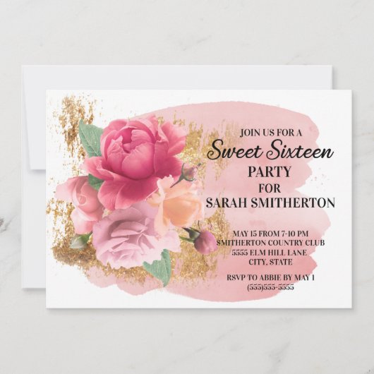 ピンクフラワーズ金ゴールドグリッタースウィート16誕生日パーティー 招待状 (正面)