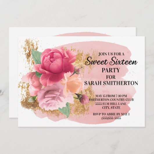 ピンクフラワーズ金ゴールドグリッタースウィート16誕生日パーティー 招待状 (正面/裏面)