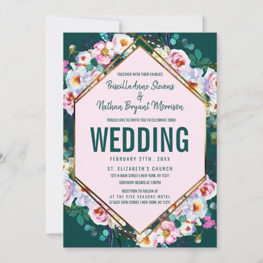 ピンクフラワーズ金ゴールドトリムエメラルドジェイ結婚ドズ 招待状 (正面)