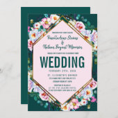 ピンクフラワーズ金ゴールドトリムエメラルドジェイ結婚ドズ 招待状 (正面/裏面)