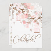 ピンクフラワーズ&バードケージ誕生日招待状 招待状 (正面/裏面)