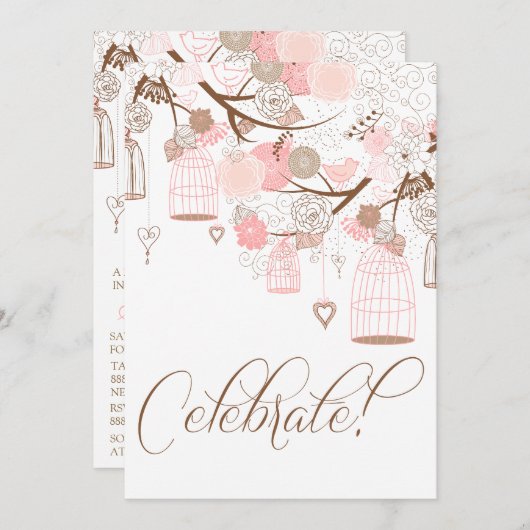ピンクフラワーズ&バードケージ誕生日招待状 招待状 (正面/裏面)
