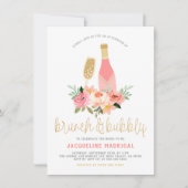 ピンクフラワーズ&金ゴールドブランチ&バブリーブライダルシャワー 招待状 (正面)