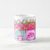 ピンクフラワーティーポットエレガント – ホット用フローラデザイン コーヒーマグカップ (中央)