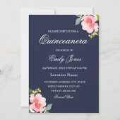 ピンクフラワーネイビーブルーキンセアニェラ招待状 招待状 (正面)