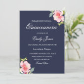ピンクフラワーネイビーブルーキンセアニェラ招待状 招待状 (スタンド正面)