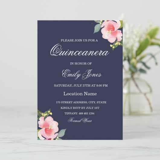 ピンクフラワーネイビーブルーキンセアニェラ招待状 招待状 (スタンド正面)