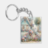 ピンクフラワーバイクアットブルーコテージゲート キーホルダー (正面左)