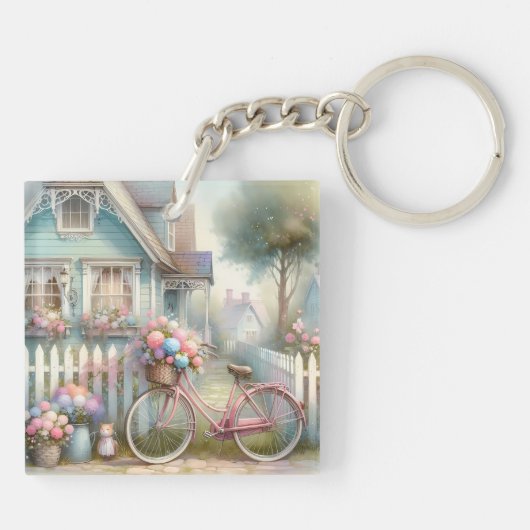ピンクフラワーバイクアットブルーコテージゲート キーホルダー (裏面)