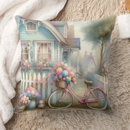 ピンクフラワーバイクアットブルーコテージゲート クッション (ブランケット)