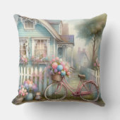 ピンクフラワーバイクアットブルーコテージゲート クッション (正面)