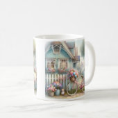 ピンクフラワーバイクアットブルーコテージゲート コーヒーマグカップ (正面右)