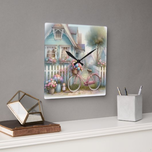 ピンクフラワーバイクアットブルーコテージゲート スクエア壁時計 (オフィス)