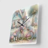 ピンクフラワーバイクアットブルーコテージゲート スクエア壁時計 (傾斜)