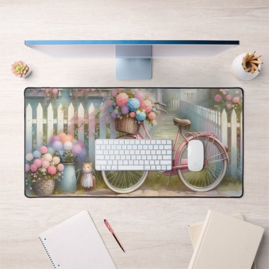 ピンクフラワーバイクアットブルーコテージゲート デスクマット (オフィス1)
