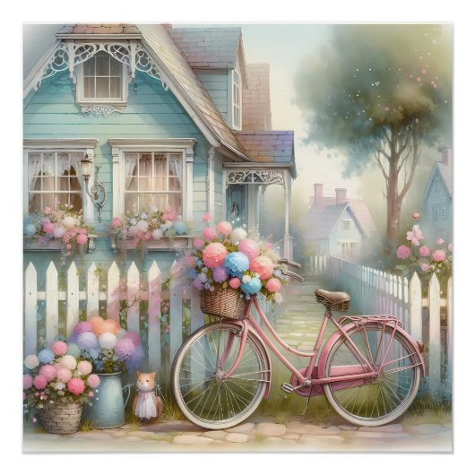 ピンクフラワーバイクアットブルーコテージゲート ポスター (正面)